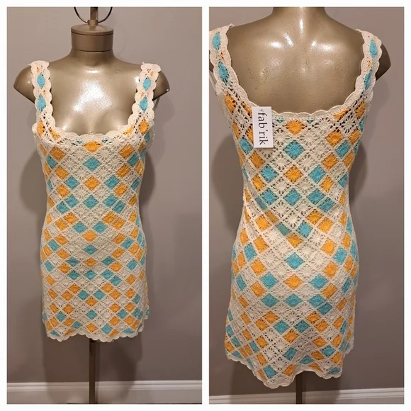 Fab'rik Orange, Turquoise & Cream Crocheted Boho Mini Dress - Picture 2 of 8